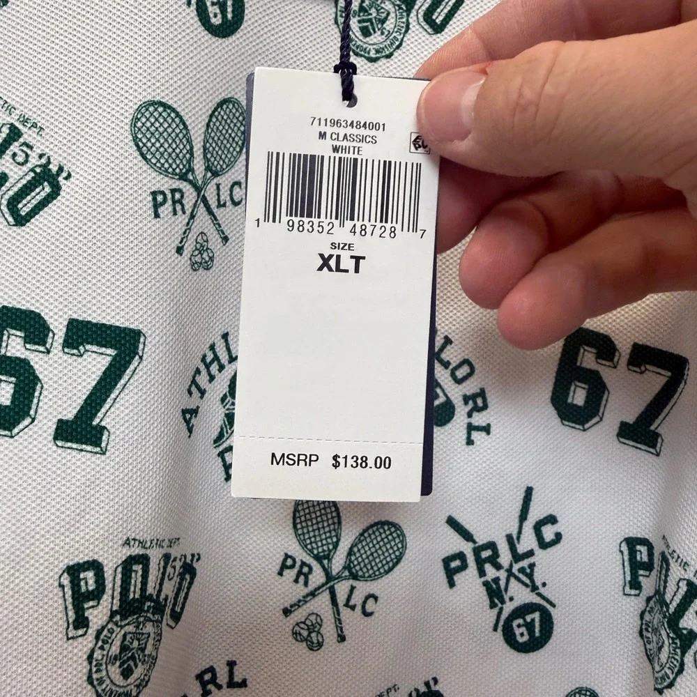 Polo Ralph Lauren‎ Polo Shirt Mens XLT White Green NEW Tennis Graphic Print Tall